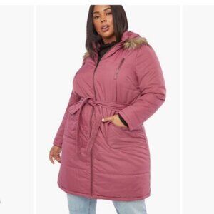 Barbiecore Pink long full zip hooded belted woman puffer jacket size M